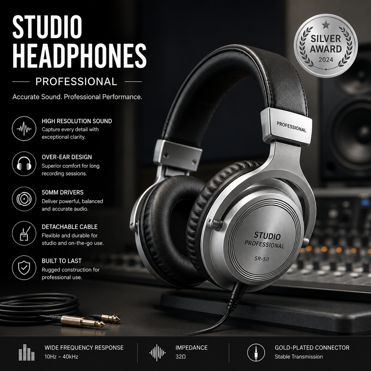 Studio Headphones - Professional - Silver